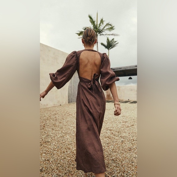 DISSH Dresses & Skirts - DISSH 100% Linen Remi Chocolate Brown Midi Dress Open Back Size 10